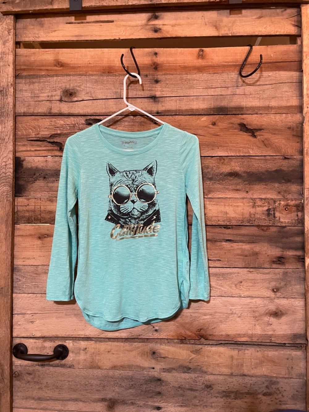 Mudd Aqua Long-Sleeve Tee with Cat Sunglasses Graphic and Gold Accent